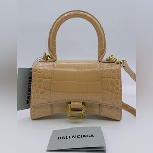 BALENCIAGA Hourglass X-SMALL Crocodile Embossed Top Handle Bag Nude Beige $2800